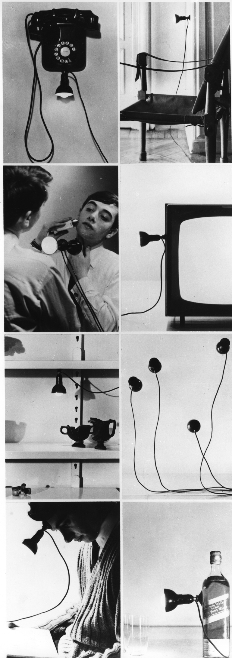 Archival images of a rotary phone and lighting fixtures by Achille Castiglioni