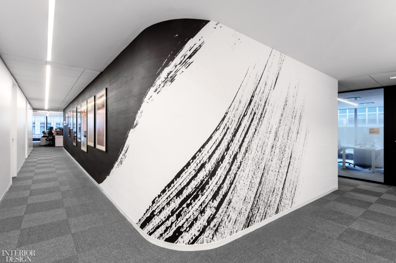 An image of a calligraphy brushstroke was enlarged and digitally printed on vinyl wall covering for some cor­ridors 