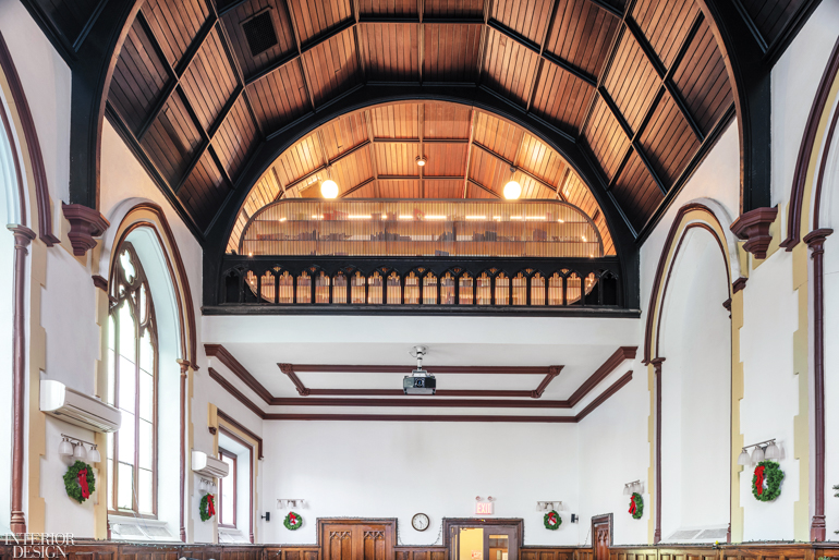 the mezzanine of a 1930s chapel, now a children’s library at a women’s shelter in the Bronx