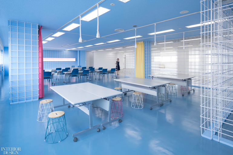 a Tokyo office with walls and furniture in shades of blue