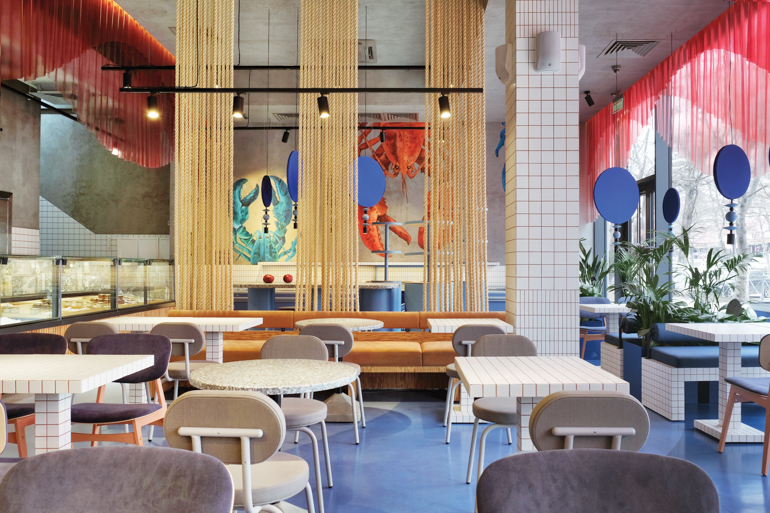 inside Oceanica, a colorful seafood restaurant in Makhachkala, Russia by Studio Shoo