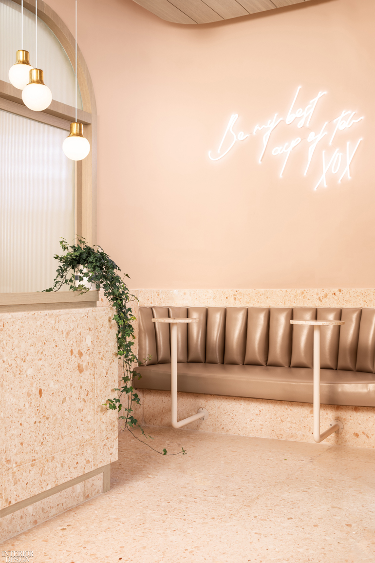 blushing pink interiors are found in a bubble tea shop