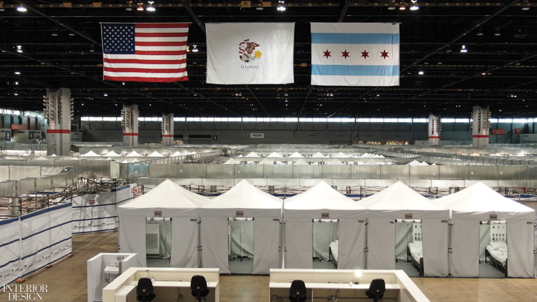 Tents for patients in a temporary hospital design in Chicago