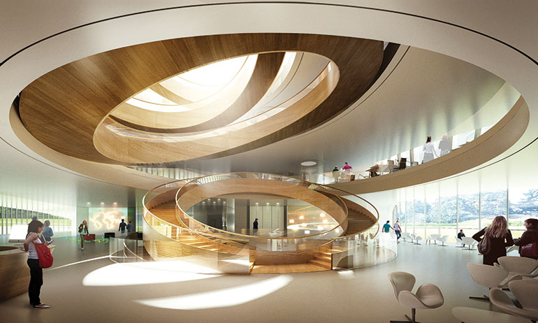 Circular forms seem to swirl around this lobby for the Olympic House