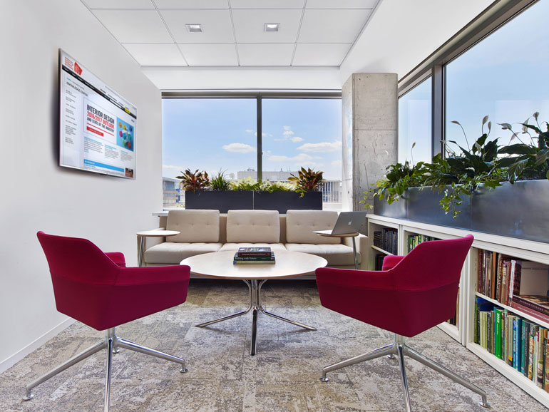 Two read armchairs face a white couch in this office with plants along the windows