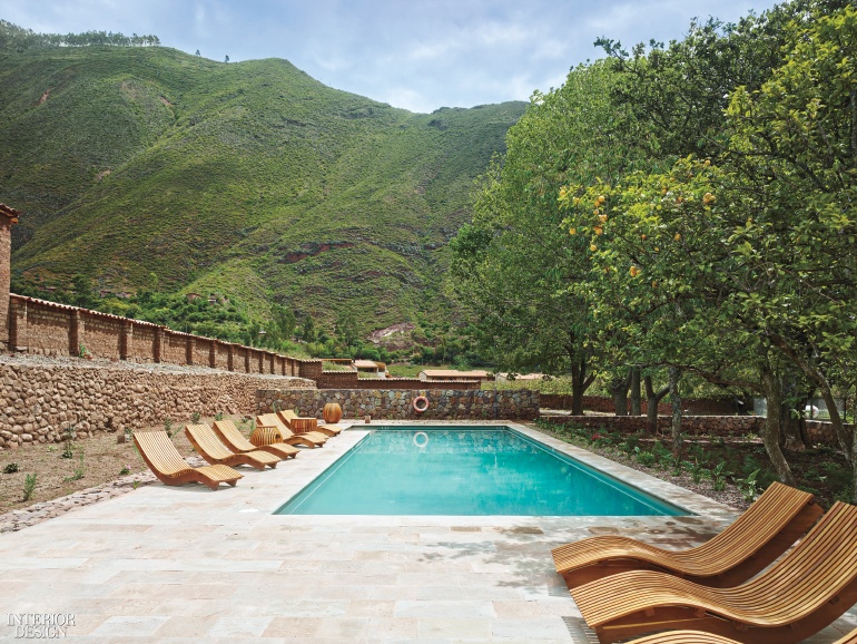 An inground pool surrounded by lush greenery and wood loungers