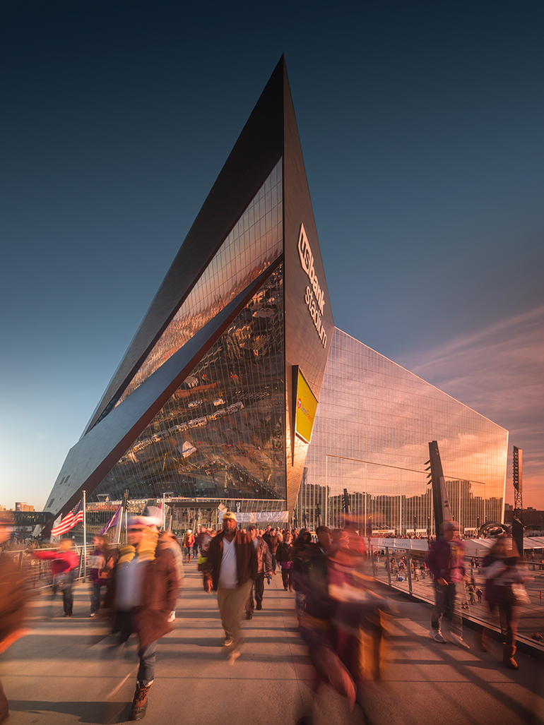 The exterior of the US Bank stadium at dusk